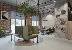 Office design team discussing workspace plans around material samples