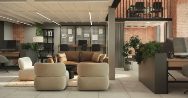 Collaborative coworking area with custom furniture and warm architectural finishes