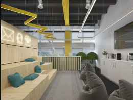 Detailed workspace mood board with materials lighting and furniture samples